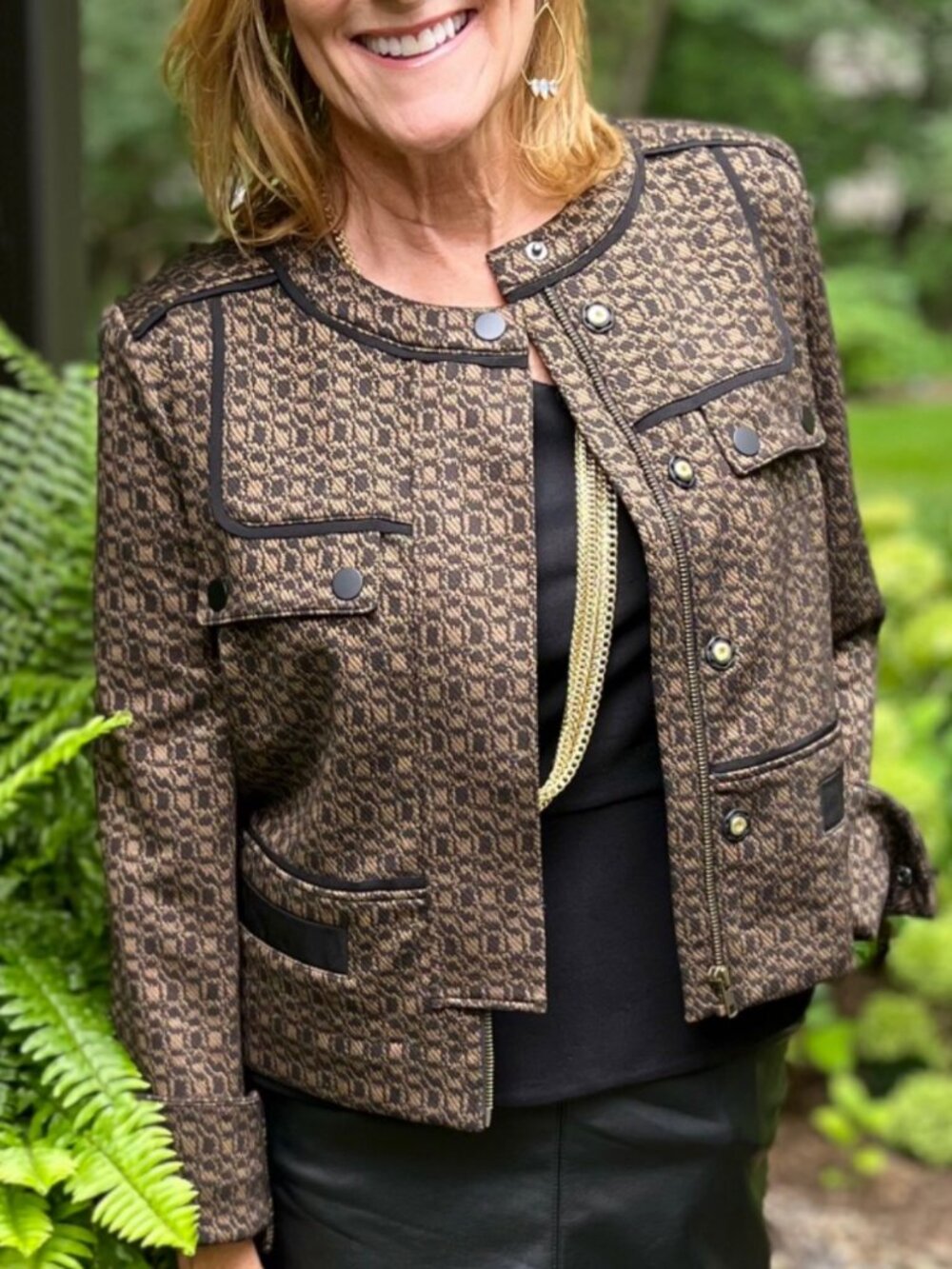 Cabi Director Jacket Brown & Black Geometric Knit Casual Career Academia Retro